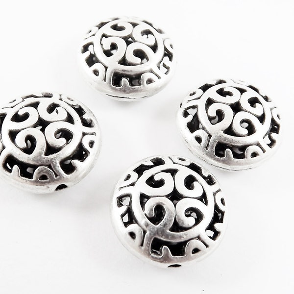 16mm Oriental Style Fretwork Pillow Bead Spacers - Matte Silver Plated - 4pcs