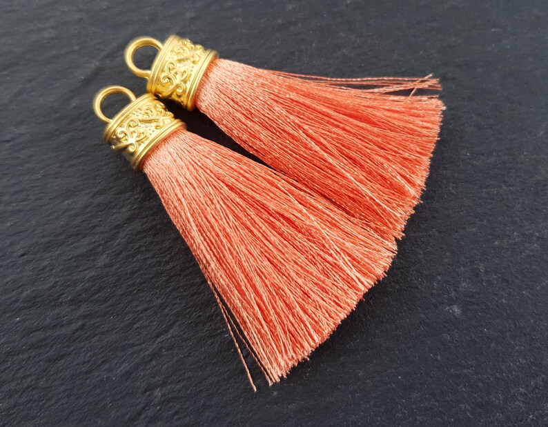 Peach Color Thread Tassels With Beads Set Of 2