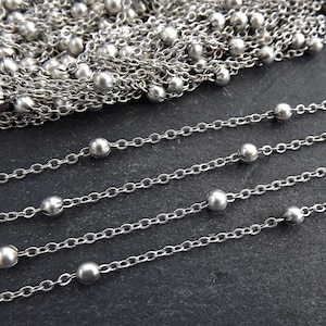 Satellite Chain, Ball Beaded Chain, Delicate Cable Chain, Dew Drops Chain, Jewelry Making, Tarnish Resistant, Matte Antique Silver, 1 Meter