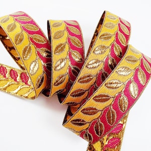 Bordeauxrood mosterdgeel metallic bronsblad wijnstok geweven geborduurd jacquardband - 1 meter of 1,09 meter