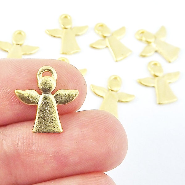 8 Mini Angel Charm Pendants, Small Gold Angels, Gold Charms, Bracelet Charm, 22k Matte Gold Plated Brass