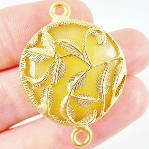 Yellow Rustic Leaves Jade Connector  - Gold plated Bezel - 1pc - GP118
