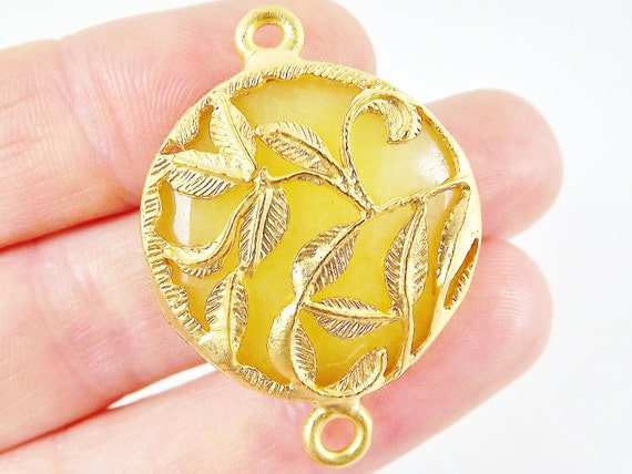 Yellow Rustic Leaves Jade Connector Gold Plated Bezel 1pc - Etsy