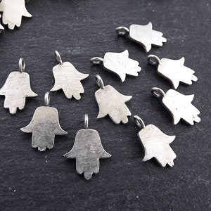 Mini Silver Hamsa Charm Pendant, Hand of Fatima Lucky Protective Charms, Matte Antique Silver Plated Brass, 10pc image 1