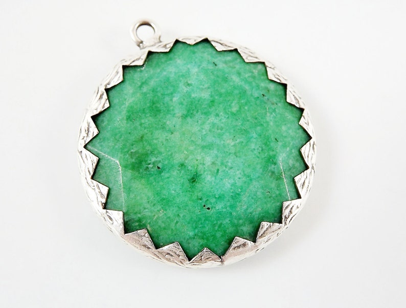 36mm Green Faceted Jade Stone Pendant Matte Silver Plated 1pc