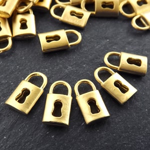 8 Mini Gold Padlock Charm Pendants, Keyhole Lock Dangle Charms, 22k Matte Gold Plated, 13x7mm