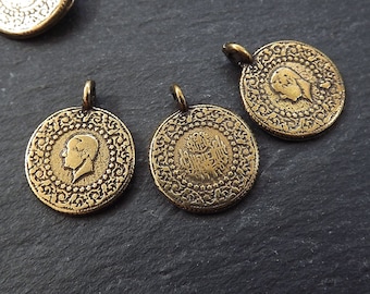 Bronze Coin Charms, Chunky Coin Charms, Thick Coin Charms, Round Coin Charm, Rustic Coin, Coin Pendant, Side Facing Loop, Antique Bronze 3pc