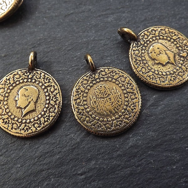 Bronze Coin Charms, Chunky Coin Charms, Thick Coin Charms, Round Coin Charm, Rustic Coin, Coin Pendant, Side Facing Loop, Antique Bronze 3pc