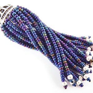 Long Blue Iris Beaded Tassel - Matte Silver Plated Brass - 1PC