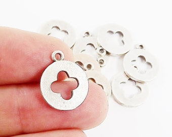 NEW - 8 Round Quatrefoil Four Leaf Clover Charms - Matte Antique Silver plated