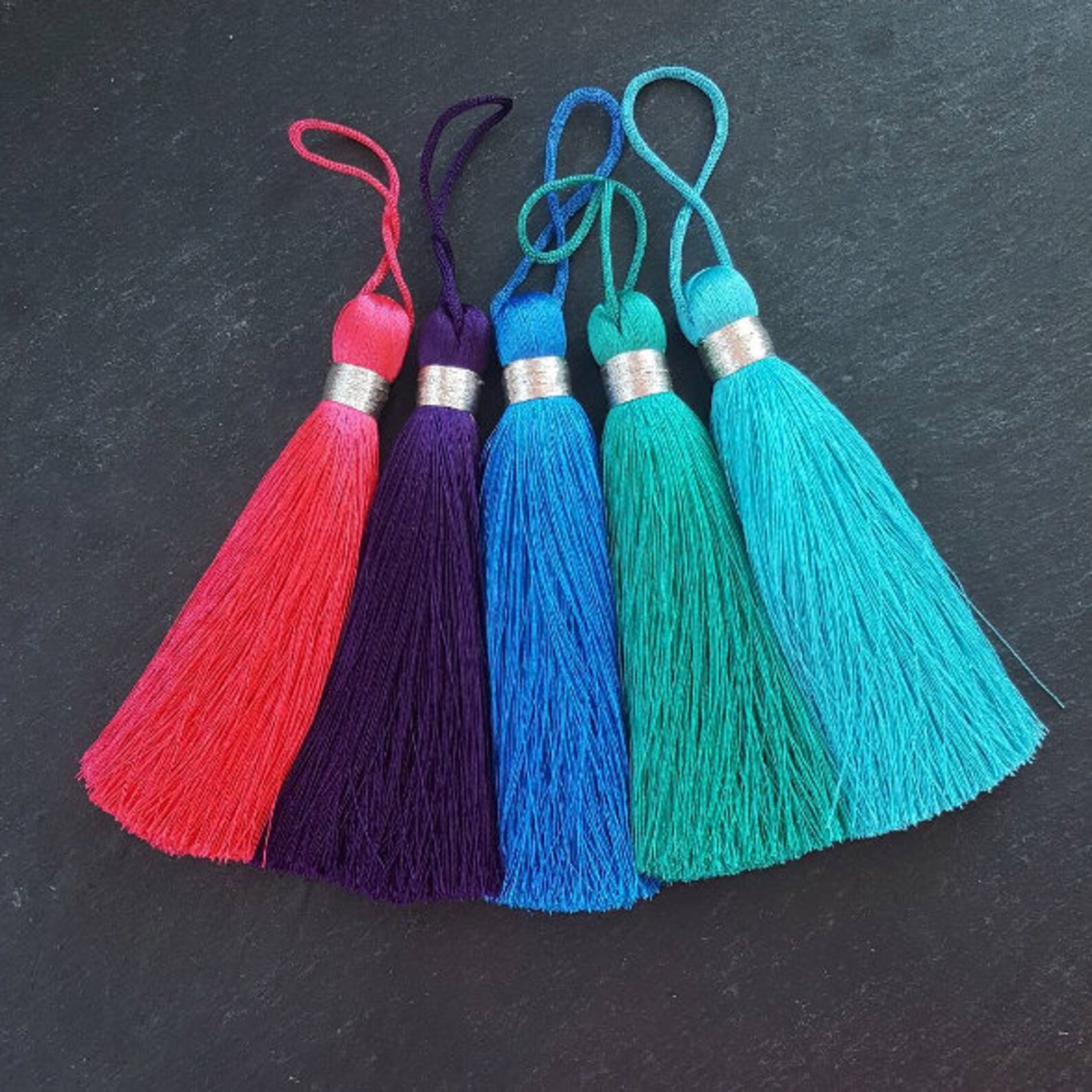 Large Blue Tassel Silk Thread Tassel Pendant Silver Metallic Etsy