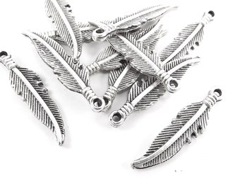 10 Tribal Feather Ethnic Mini Charms Matte Antique Sliver Plated - Bracelet Earring Charms Jewelry Making Supplies