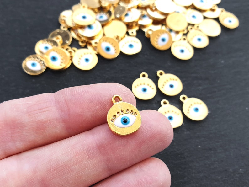 5pc Shiny Gold Plated White Enamel Evil Eye Charms Gold Mini Round Evil Eye Pendant Charms Good Luck Protective Amulet Talisman