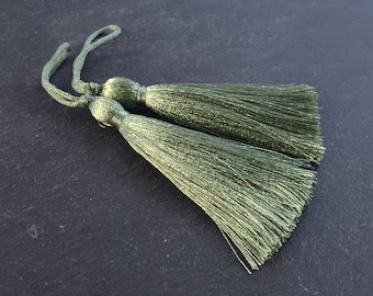 Long Pale Olive Green Silk Thread Tassels -  3 inches - 77mm  - 2 pc
