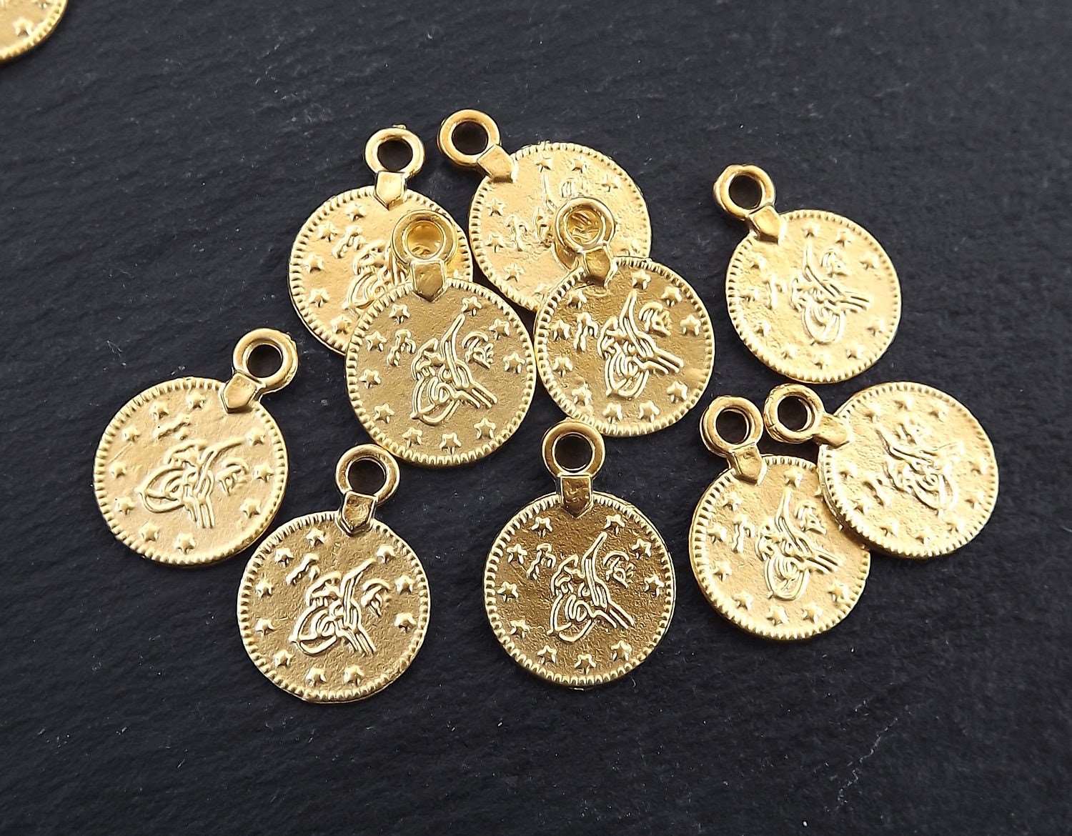 10 Gold Coin Pendant Charms Small Round Turkish Medallion Etsy