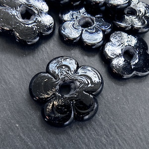 2 Large Black Glass Flower Beads, Large Chunky Flower Artisan Handmade, Size Between 40 48mm image 2