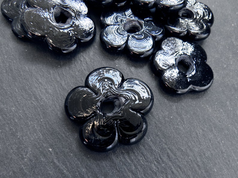 2 Large Black Glass Flower Beads, Large Chunky Flower Artisan Handmade, Size Between 40 48mm image 2