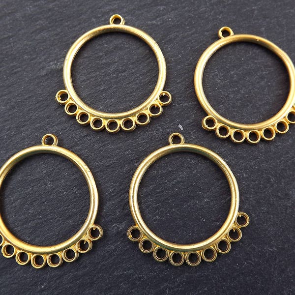 Round Gold Chandelier Earring Pendants, Chandelier Connector, Chandelier Charms, Chandelier Pendants, 9 Loops, 22k Matte Gold Plated 4pc
