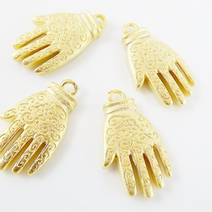 4 Hand of Fatima Hamsa Pendant Charms with Floral Detail - 22k  Matte Gold Plated