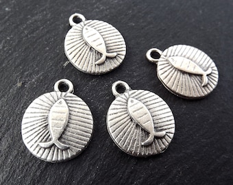 Silver Fish Charms, Greek Fish charms, Mykonos Fish Pendant, Rustic Cast Round Charms, Metal Fish Bead, Matte Antique Silver Plated