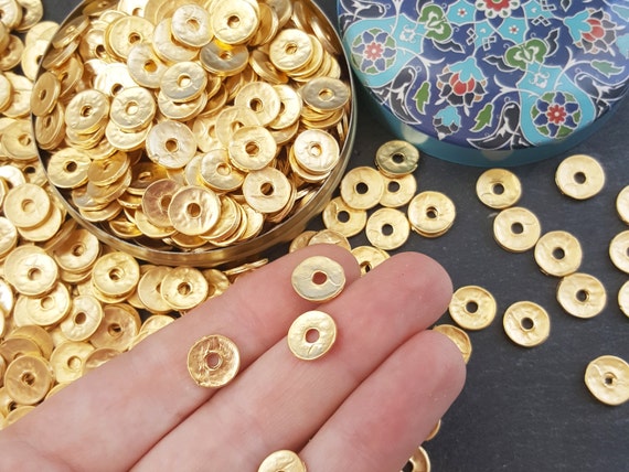 5pc large gold beads, tube beads, large hole beads, bracelet beads, metal  rondelle beads, barrel beads, bead spacers, tribal beads, rustic
