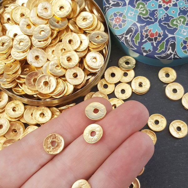 10 Gold Heishi Beads Hammered Disc Statement Spacer Bead 22k Matte Gold Plated Turkish Jewelry Making Supplies Findings Components