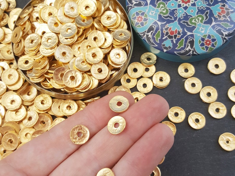 10 Gold Heishi Beads Hammered Disc Statement Spacer Bead 22k Matte Gold Plated Turkish Jewelry Making Supplies Findings Components image 1