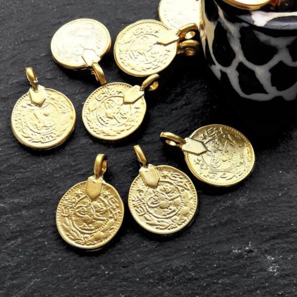 Gold Coin Medallion Charm Pendants, Rustic Coins, Necklace Bracelet Findings, Side Threading Loop, 22k Matte Gold Plated, 3pcs