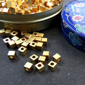 4mm Gold Cube Beads, Gold Square Beads, Lathe Beads, Non Tarnish Gold Brass Beads, 22k Matte Gold Plated, 8pcs