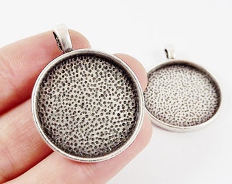2 Round Pendant Tray Cabochon Setting for 26mm Cab - Rolled Edge -  Matte Anitque Silver Plated