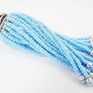 Long Sky Blue Beaded Tassel - Matte Silver Plated Brass - 1PC