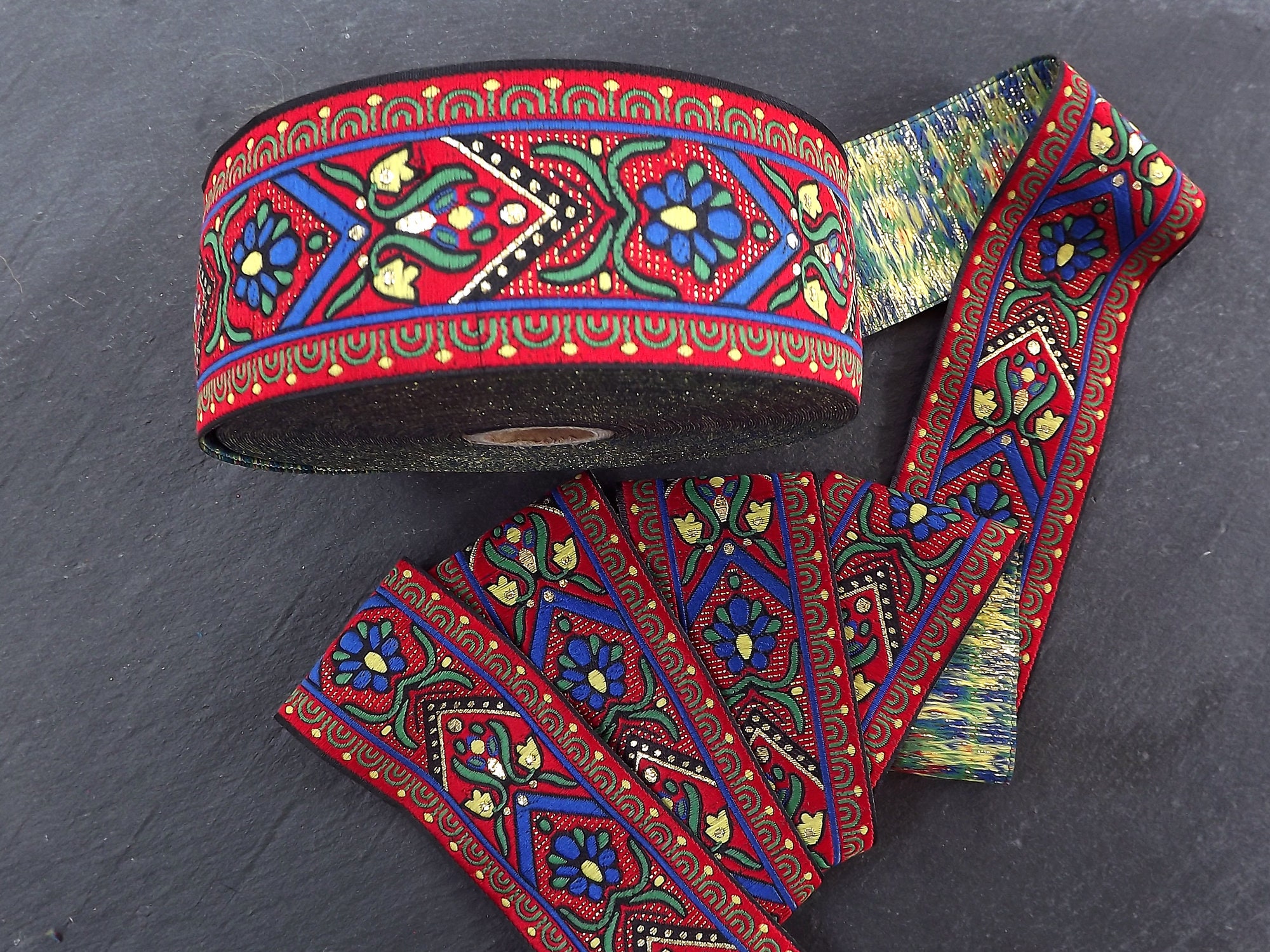 Pair of Vintage WFR Cloth Ribbon Red & Blue Country Floral 35mm 30+ Yards
