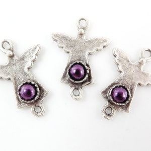 NEW - 3 Mini Angel Charm Connectors With Purple Bead - Matte Silver Plated