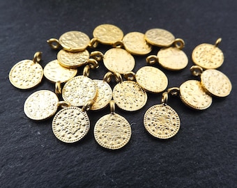 Mini Gold Coin Pendant Charms, Small Turkish Medallion Coin Beads for Jewelry Making, 22k Matte Gold Plated, 15pcs