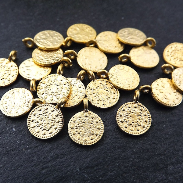 Mini Gold Coin Pendant Charms, Small Turkish Medallion Coin Beads for Jewelry Making, 22k Matte Gold Plated, 15pcs