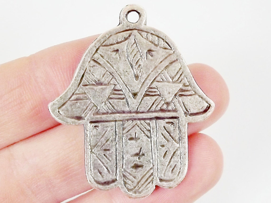 Etched Hamsa Hand of Fatima Pendant Charm Silver Plated - Etsy