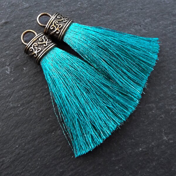 Aqua Teal Tassel Pendant, Silk Thread Tassel, Tassel Charm, Ornate Cap, Antique Bronze Cap, Tassel Jewelry, Silk Tassel, 2.25 inches, 2pc