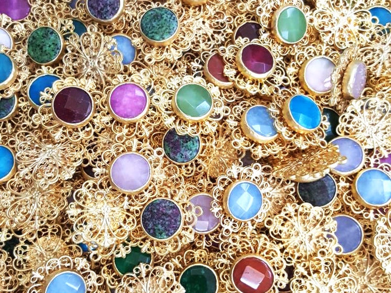 Curly Filigree Connector Green Mottled Jasper Stone 1PC Jewelry Making Supplies Findings 22k Matte Gold Plated