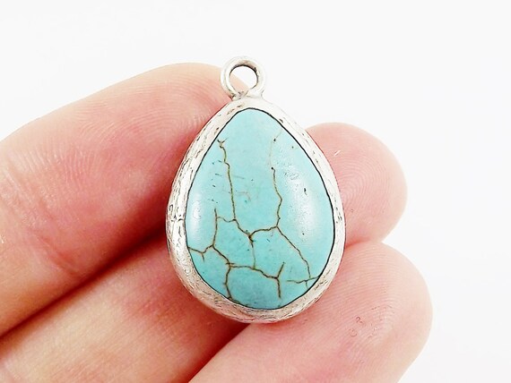 Turquoise Teardrop Pendant, Tear Drop Gemstone Pendant Charm, Matte Antique Silver plated Bezel, 1pc