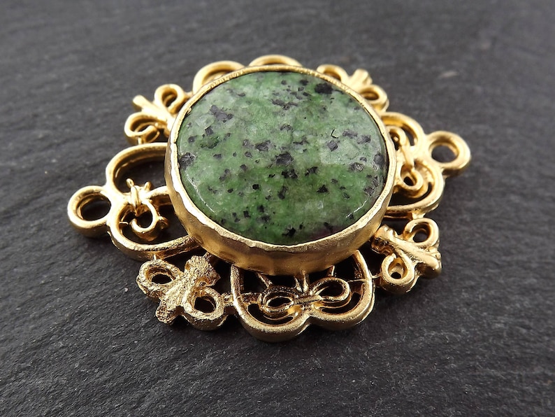 Curly Filigree Connector Green Mottled Jasper Stone 1PC Jewelry Making Supplies Findings 22k Matte Gold Plated