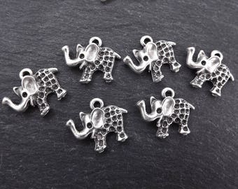 6 Rustic Elephant Charms Mini Bracelet Earring Addornments Components Drop Pendants - Matte Silver Plated