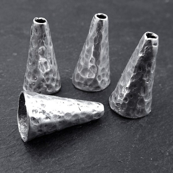 4 Large Hammered Cone Bead End Caps, Round Beadcaps,  Matte Antique Silver Plated