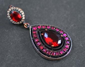 Red Crystal Teardrop Necklace Pendant with Pink Clear Rhinestones and Bail, Sterling Silver Antique Bronze, 1PC