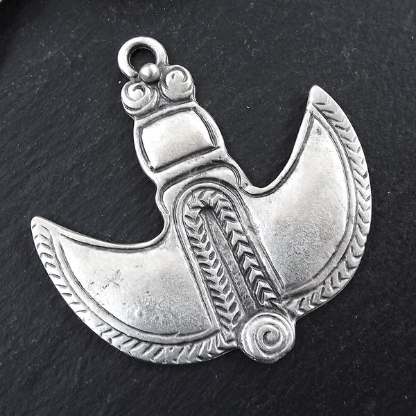 Silver Half Moon Tuareg Shield Pendant, Ethnic African Tribal Pendant, Scoop Shape, Nomadic Pendant, Matte Antique Silver Plated - 1PC