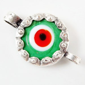 Irish Green Evil Eye Round Glass Connector Pendant Silver Plated 1pc image 2