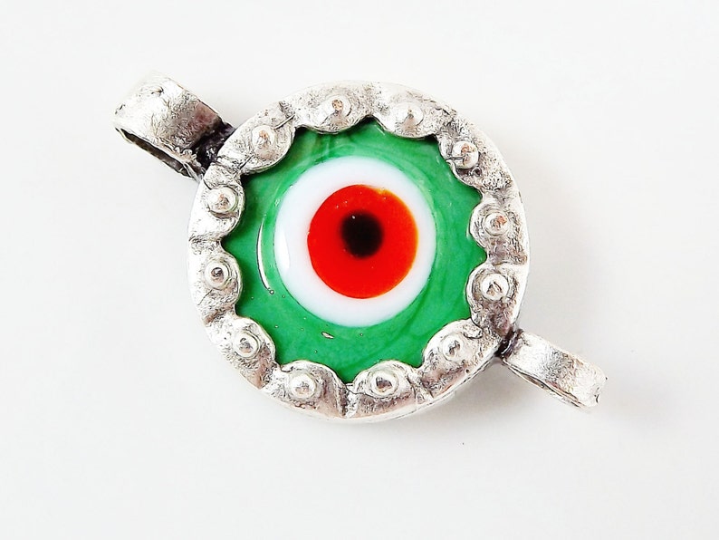 Irish Green Evil Eye Round Glass Connector Pendant Silver Plated 1pc image 2