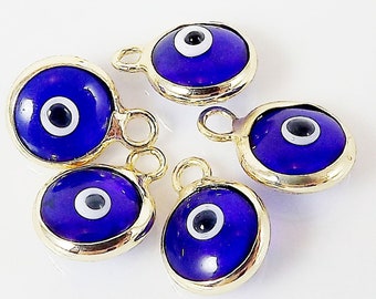 5 Mini Marineblauwe Evil Eye Nazar Artisan Glazen Kraal Bedels - Vergulde Messing Rand - GCM117