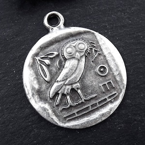 Greek Owl Athena Coin Pendant - Symbol of Wisdom, Mascot of Athena, Totem Bird, Attica Replica Coin - Matte Antique Silver Plated  1pc