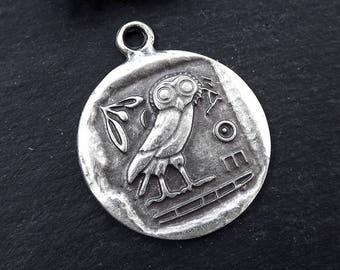 Greek Owl Athena Coin Pendant - Symbol of Wisdom, Mascot of Athena, Totem Bird, Attica Replica Coin - Matte Antique Silver Plated  1pc