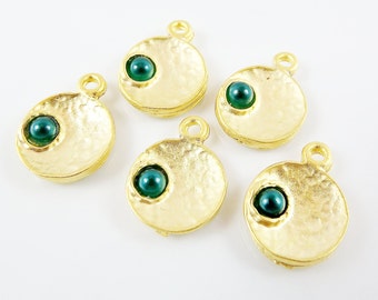 NEW - 5 Teal Green Pearl Bead 22k Matte Gold Plated Inverted Dome Shaped Charms